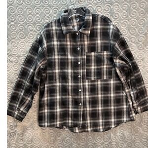 SHEIN Black White Plaid Button‎ Up Long Sleeve Shirt Women Size Medium Oversized